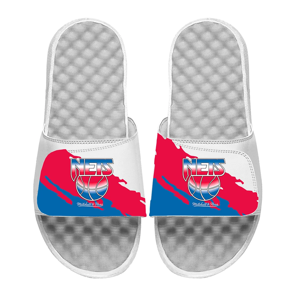 Youth ISlide x Mitchell & Ness White Brooklyn Nets Paint Stripe Slide Sandals