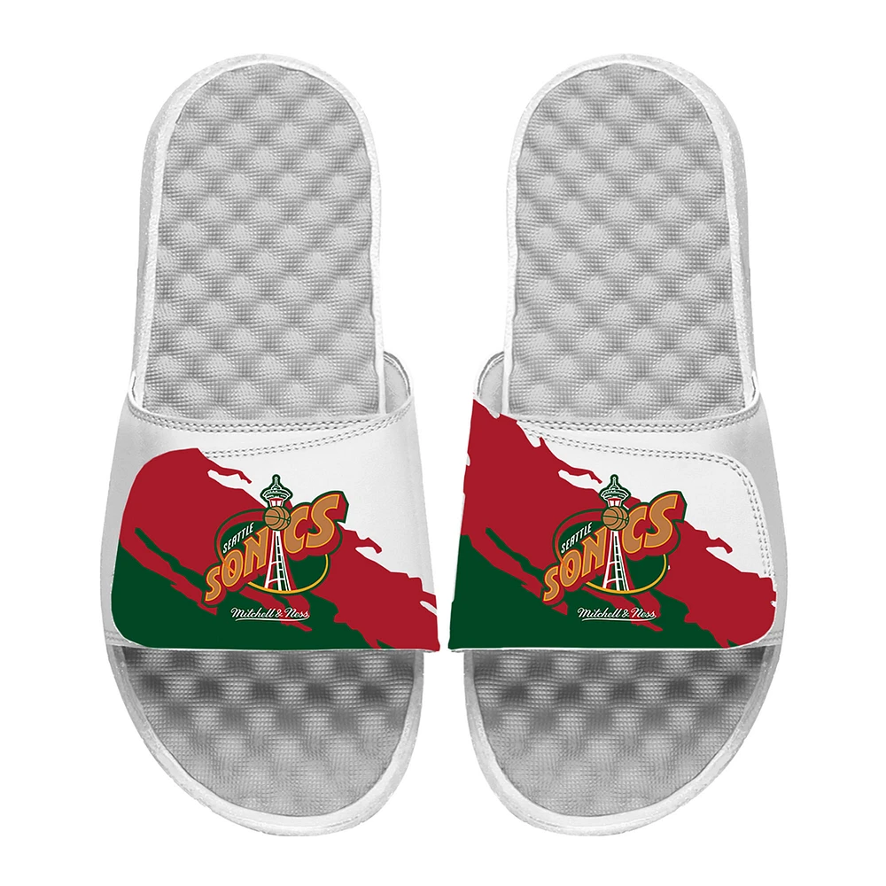 Youth ISlide x Mitchell & Ness White Seattle SuperSonics Paint Stripe Slide Sandals