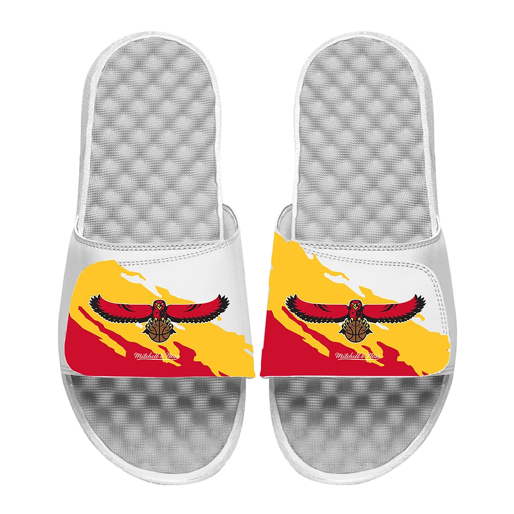 Men's ISlide x Mitchell & Ness White Atlanta Hawks Paint Stripe Slide Sandals