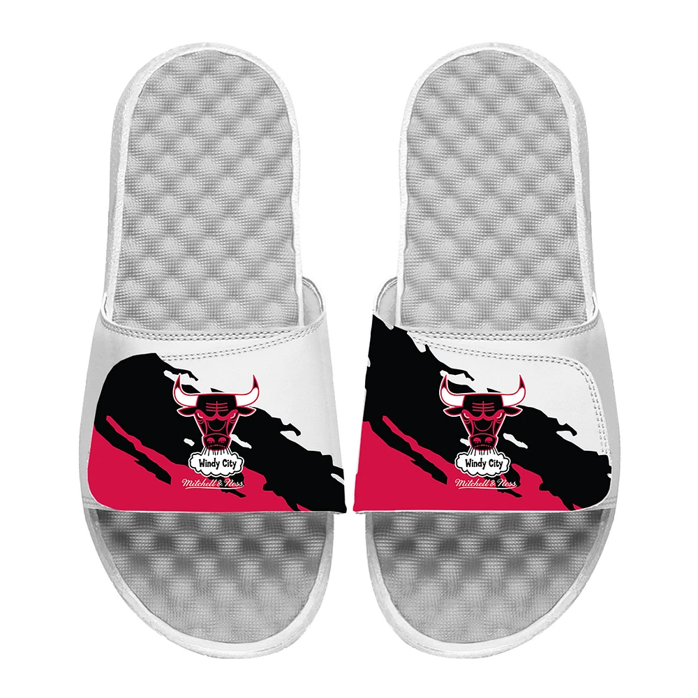 Men's ISlide x Mitchell & Ness White Chicago Bulls Paint Stripe Slide Sandals