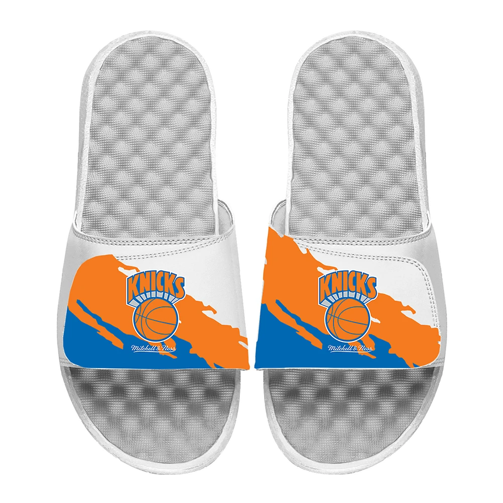 Men's ISlide x Mitchell & Ness White New York Knicks Paint Stripe Slide Sandals