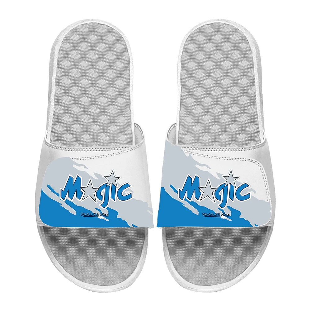 Men's ISlide x Mitchell & Ness White Orlando Magic Paint Stripe Slide Sandals