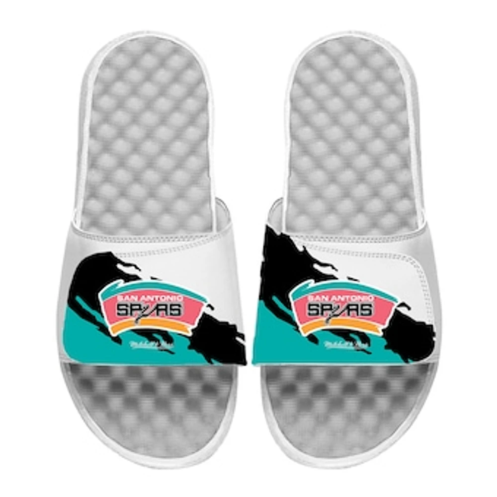 Men's ISlide x Mitchell & Ness White San Antonio Spurs Paint Stripe Slide Sandals