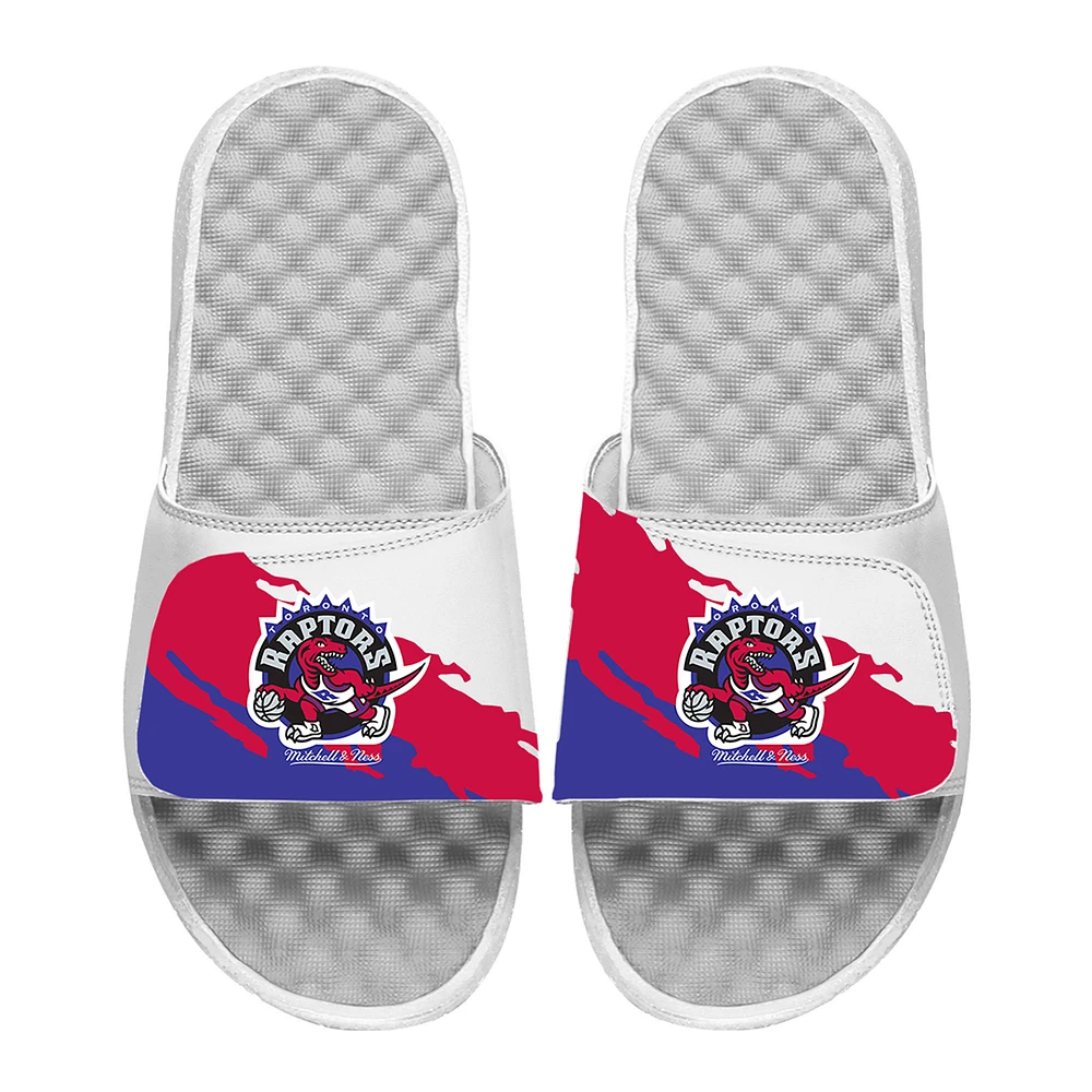 Men's ISlide x Mitchell & Ness White Toronto Raptors Paint Stripe Slide Sandals