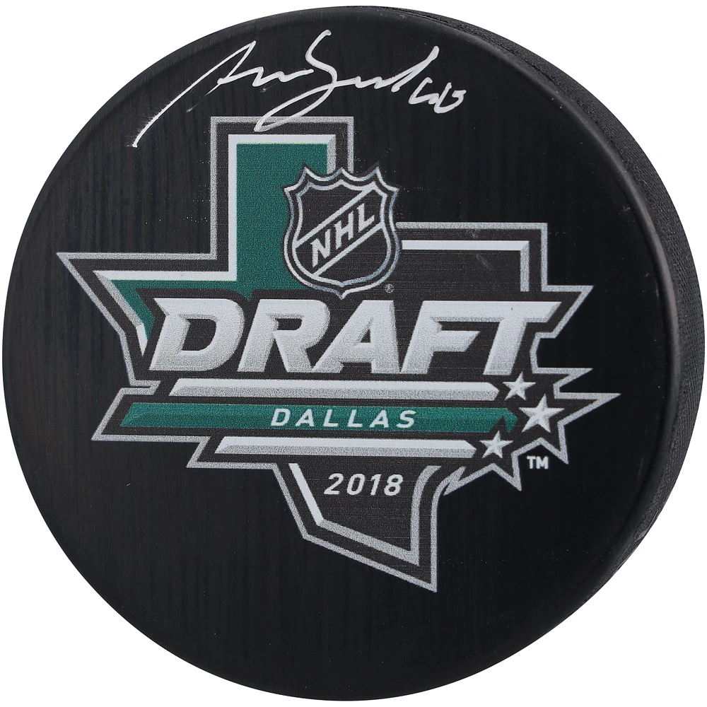 Akira Schmid New Jersey Devils Autographed 2018 Draft Logo Hockey Puck
