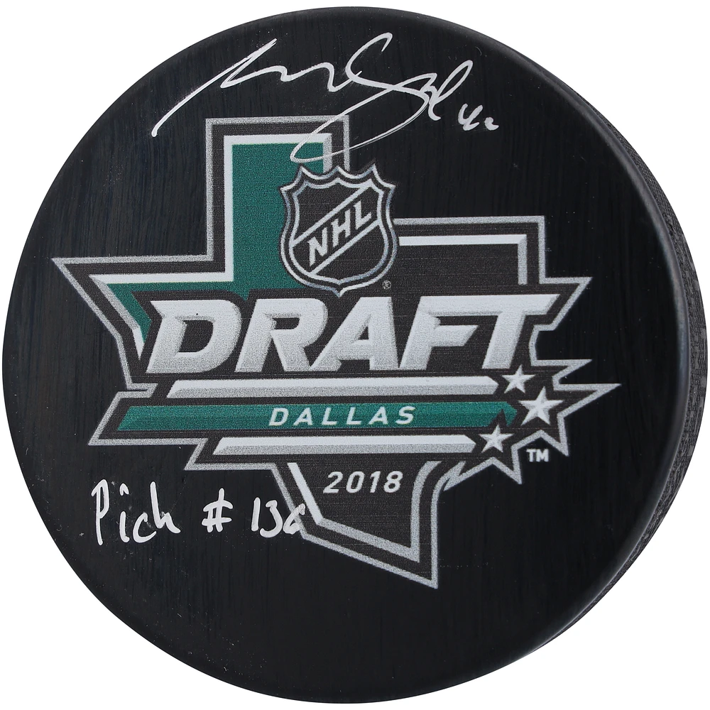 Akira Schmid New Jersey Devils Autographed 2018 Draft Logo Hockey Puck with "Pick #136" Inscription