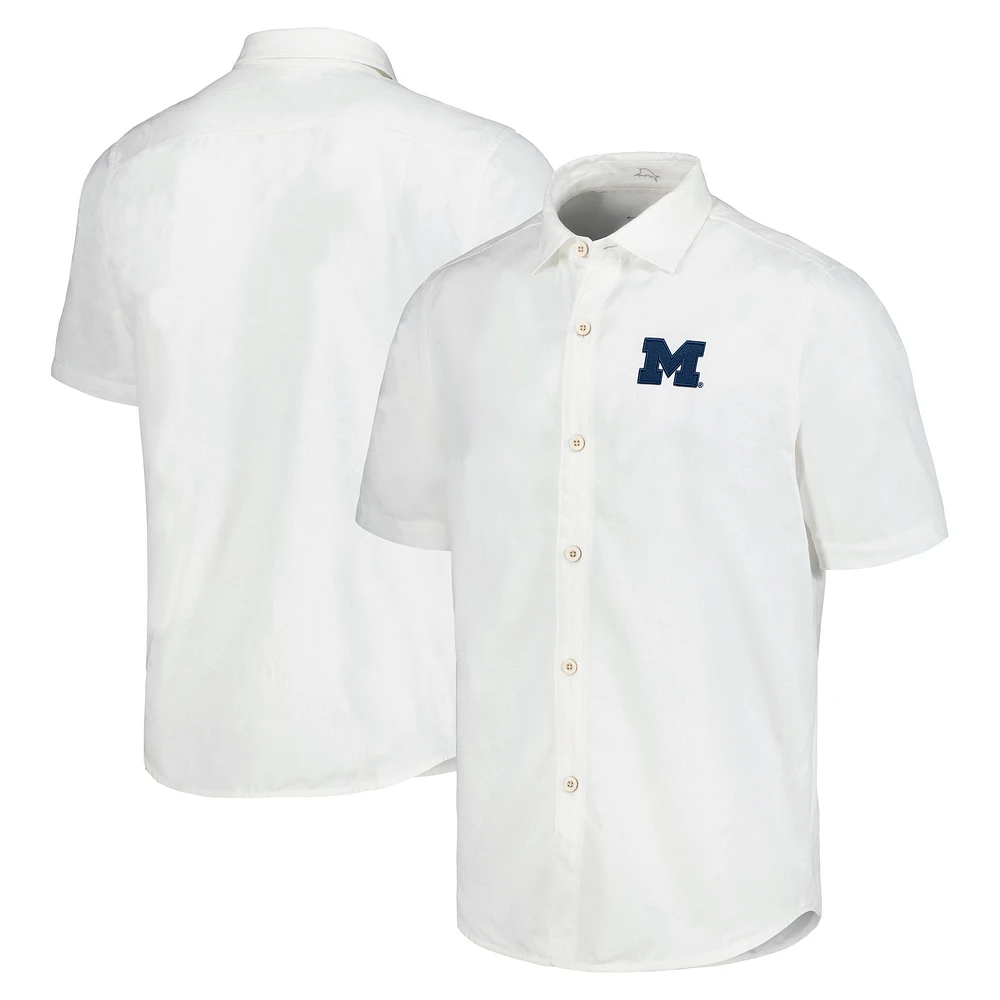 Men's Tommy Bahama White Michigan Wolverines Coconut Point Palm Vista IslandZone Camp Button-Up Shirt