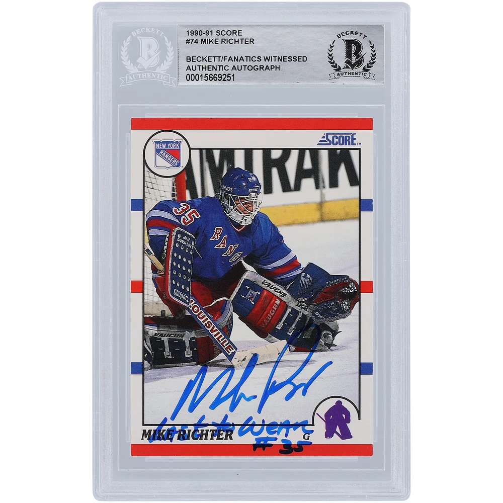 Mike Richter New York Rangers Autographed 1990-91 Score #74 Beckett Fanatics Witnessed Authenticated Rookie Card with "LAST TO WEAR #35" Inscription