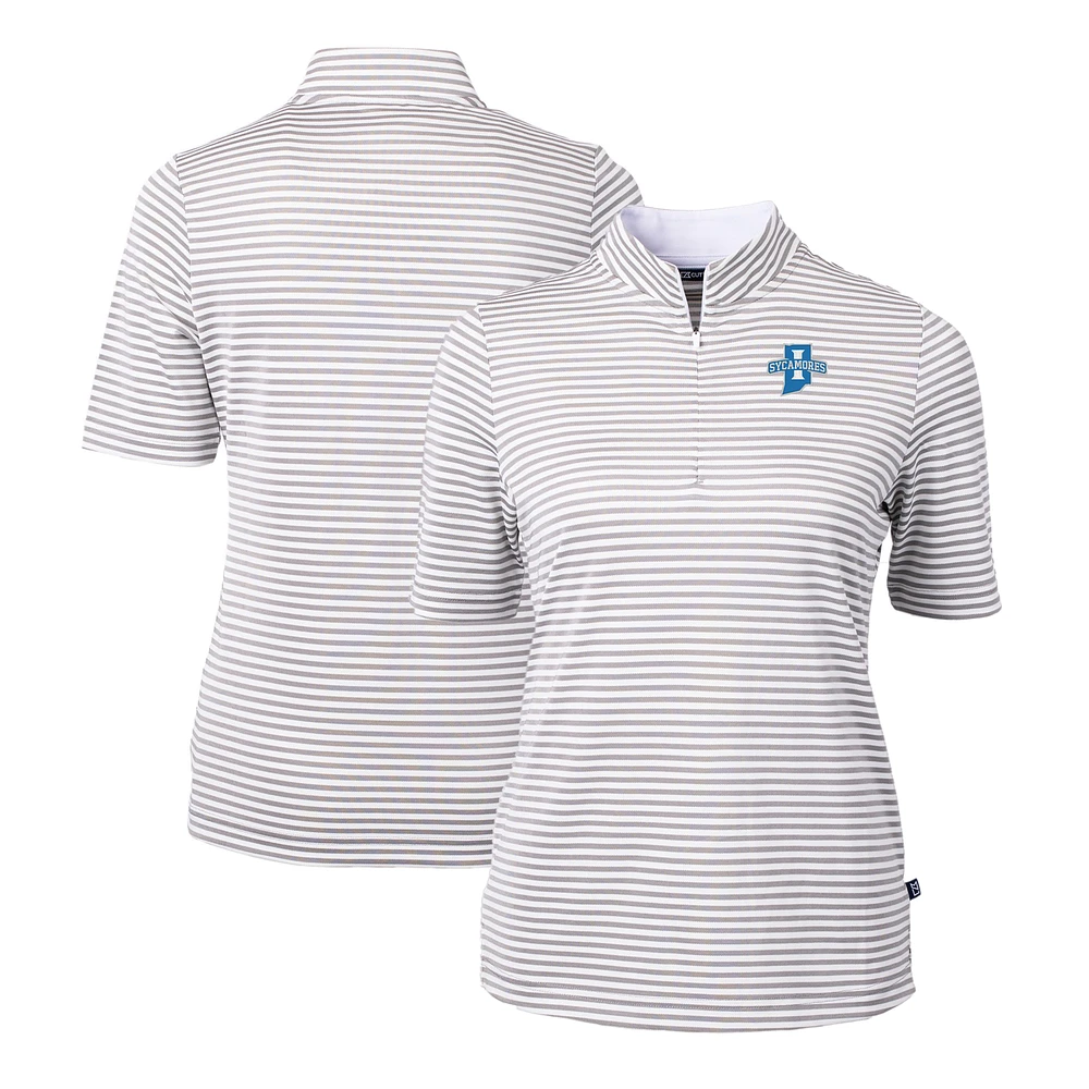 Women's Cutter & Buck Gray Indiana State Sycamores DryTec Virtue Eco Pique Stripe Recycled Polo