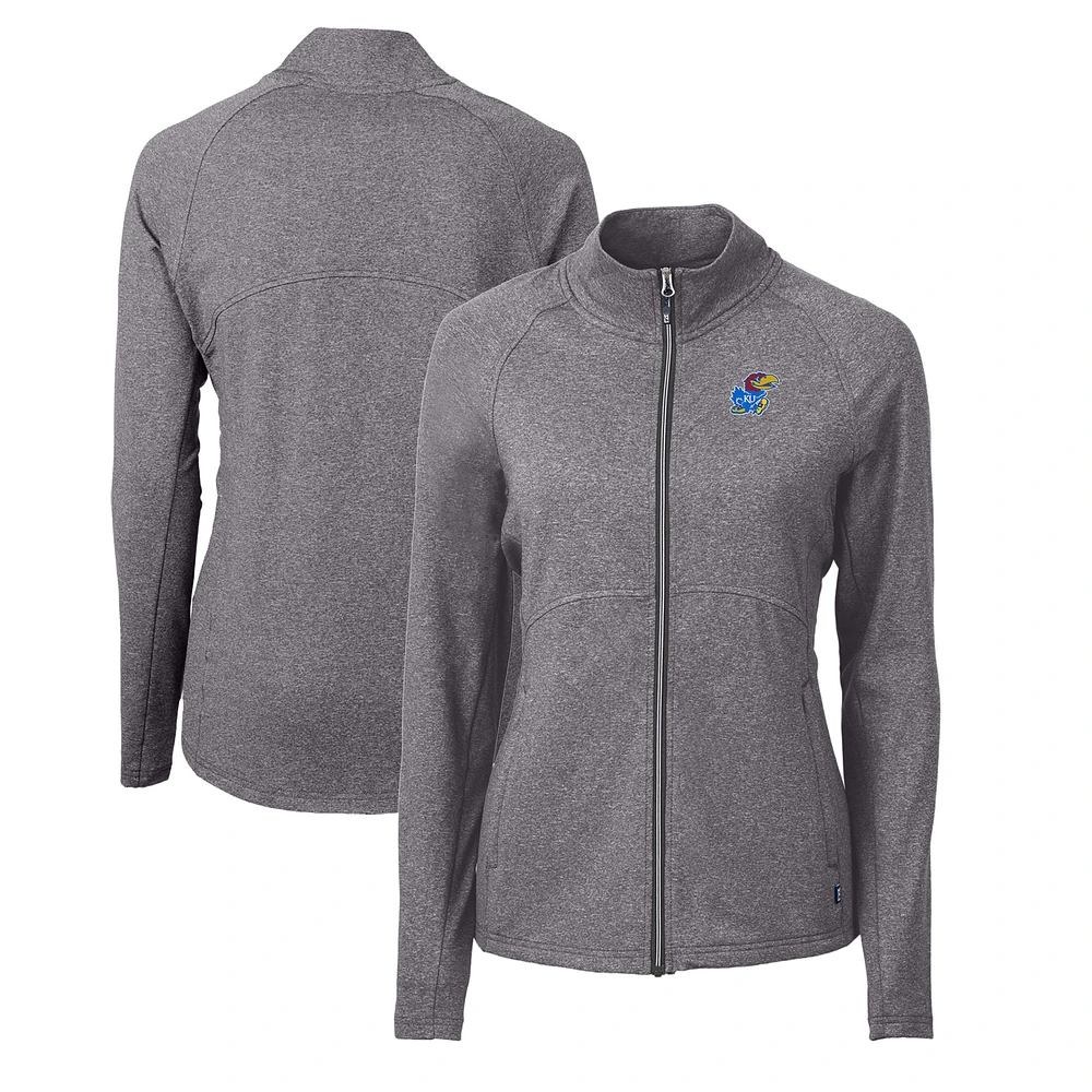 Women's Cutter & Buck Heather Black Kansas Jayhawks Adapt Eco Knit Heather Recycled Full-Zip Jacket