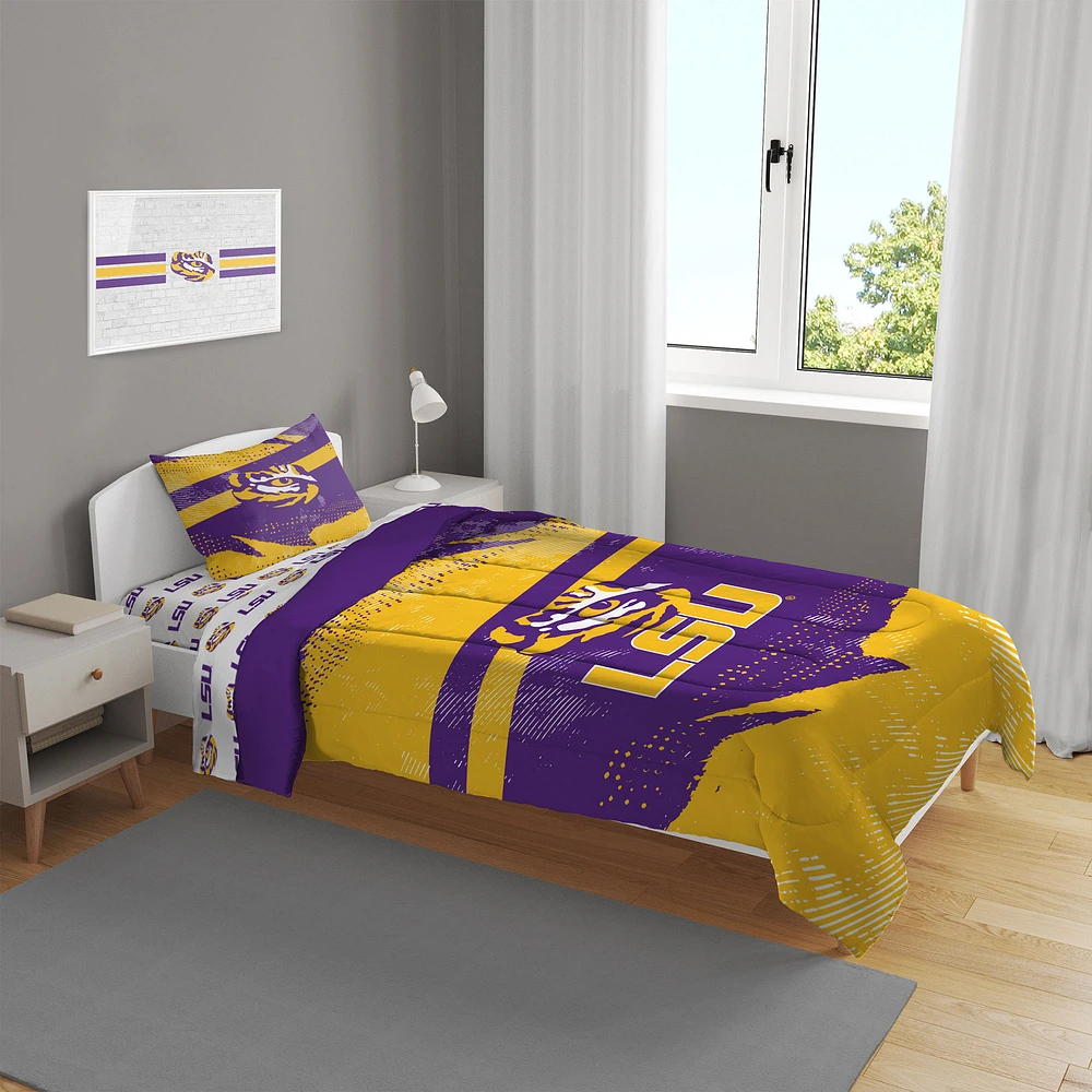 LSU Tigers Four-Piece Slanted Stripe Twin Bed Set