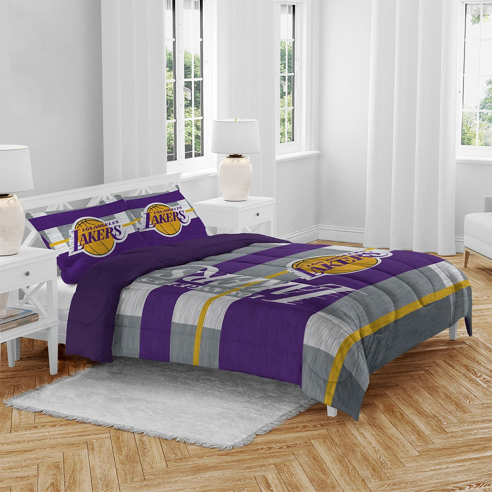 Los Angeles Lakers Three-Piece Heathered Stripe Queen Bed Set