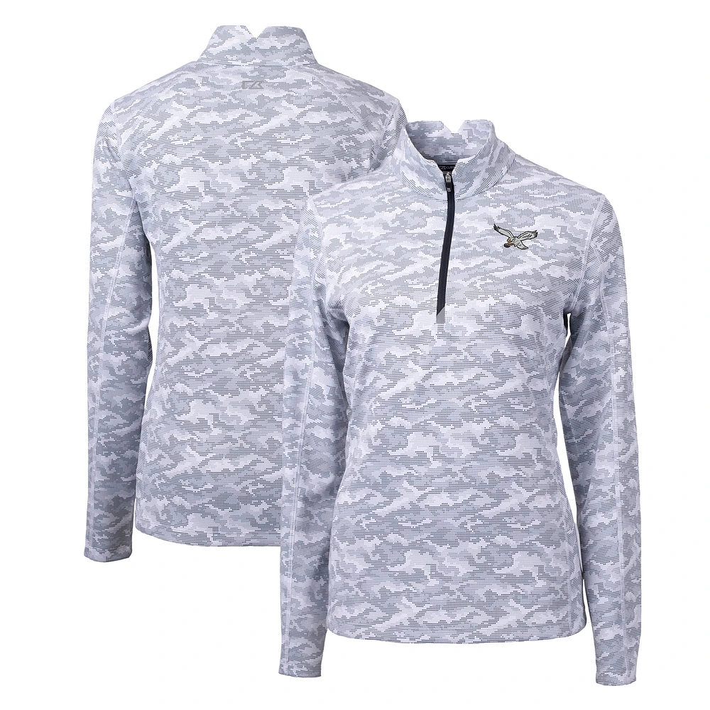 Women's Cutter & Buck Charcoal Philadelphia Eagles Gridiron Classics Logo Traverse Camo Print Stretch Quarter-Zip Pullover Top