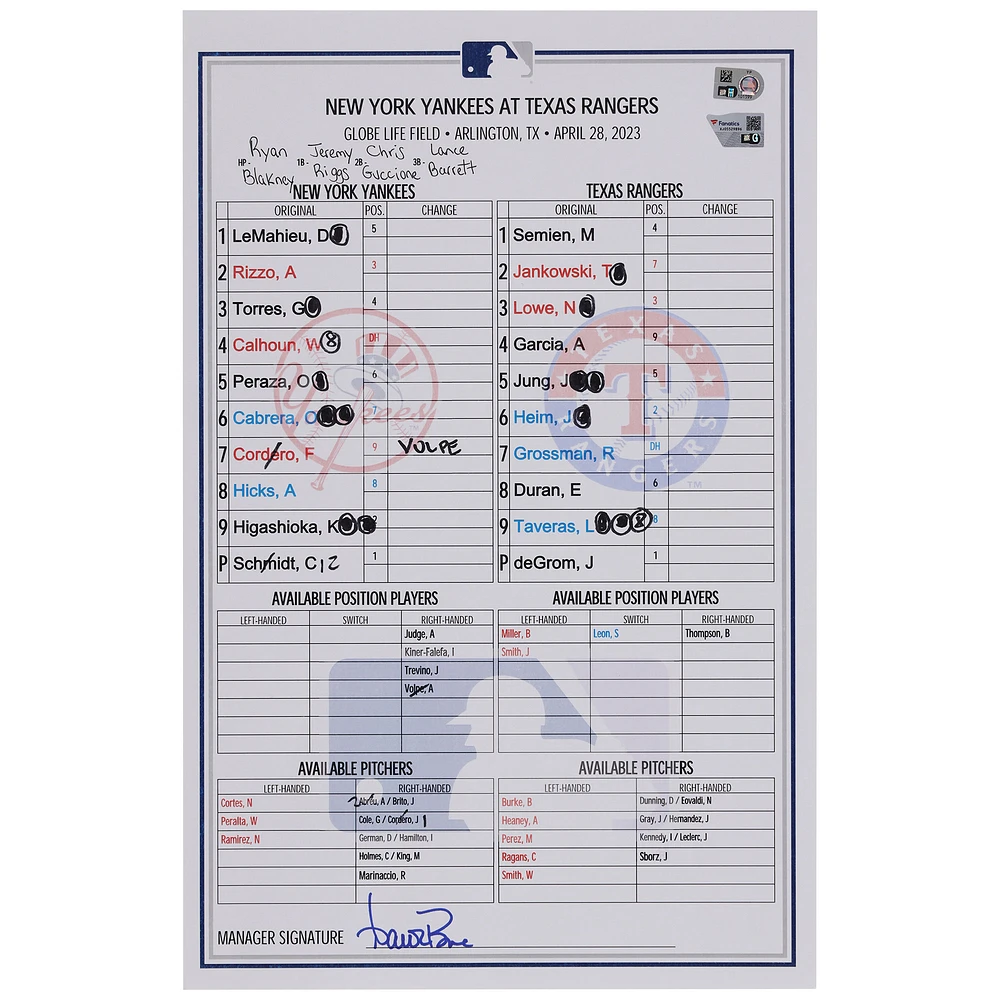 New York Yankees Game-Used Lineup Card vs. Texas Rangers on April 28, 2023