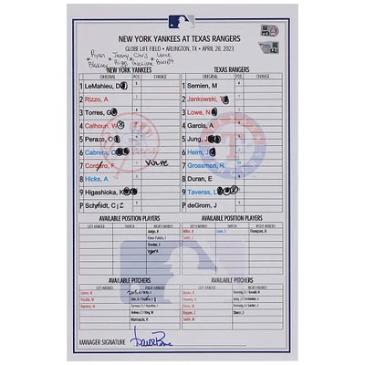 New York Yankees Game-Used Lineup Card vs. Texas Rangers on April 28, 2023