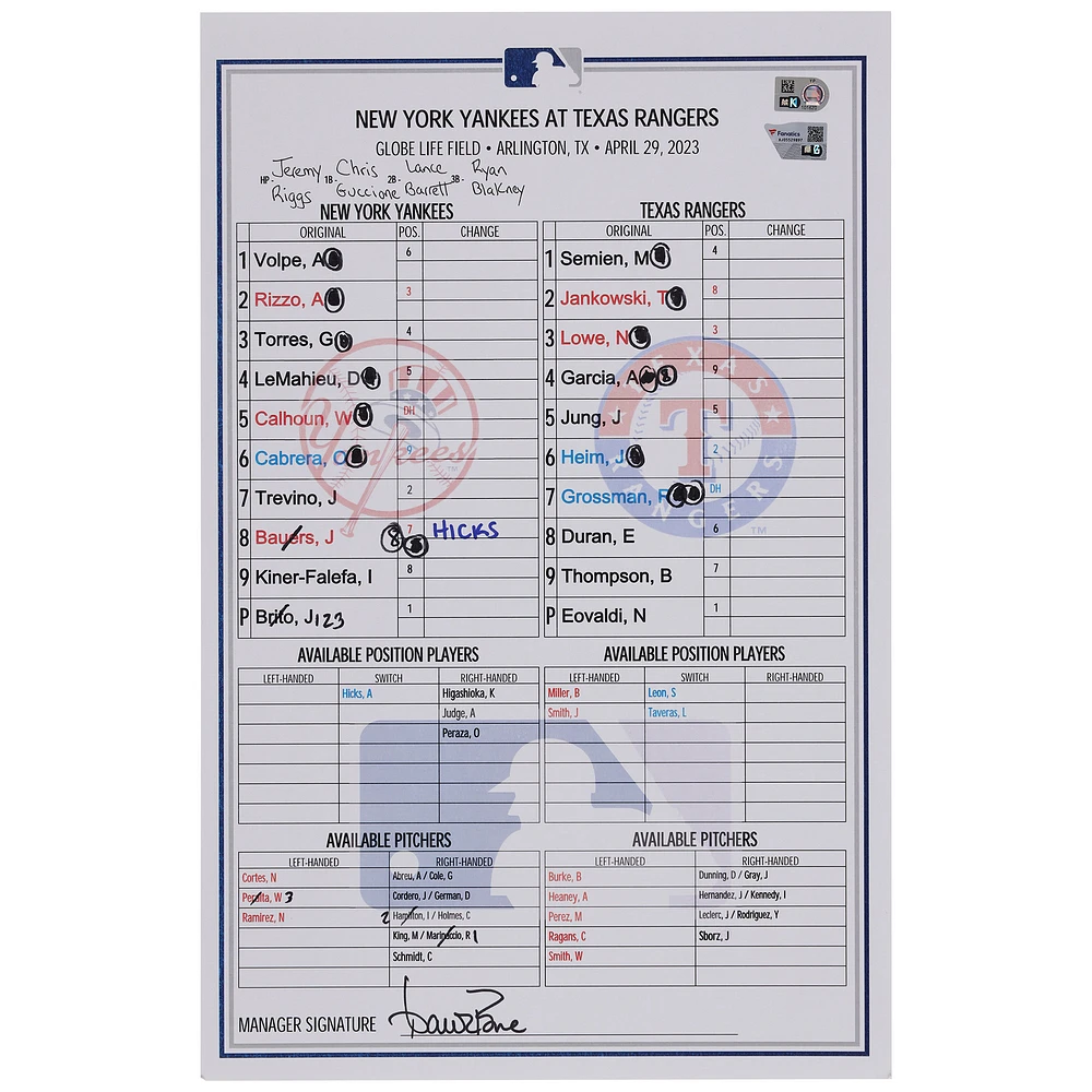 New York Yankees Game-Used Lineup Card vs. Texas Rangers on April 29, 2023