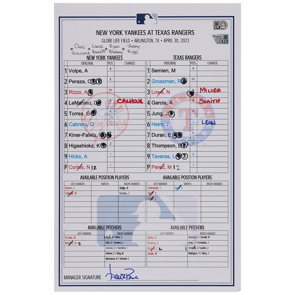 New York Yankees Game-Used Lineup Card vs. Texas Rangers on April 30, 2023