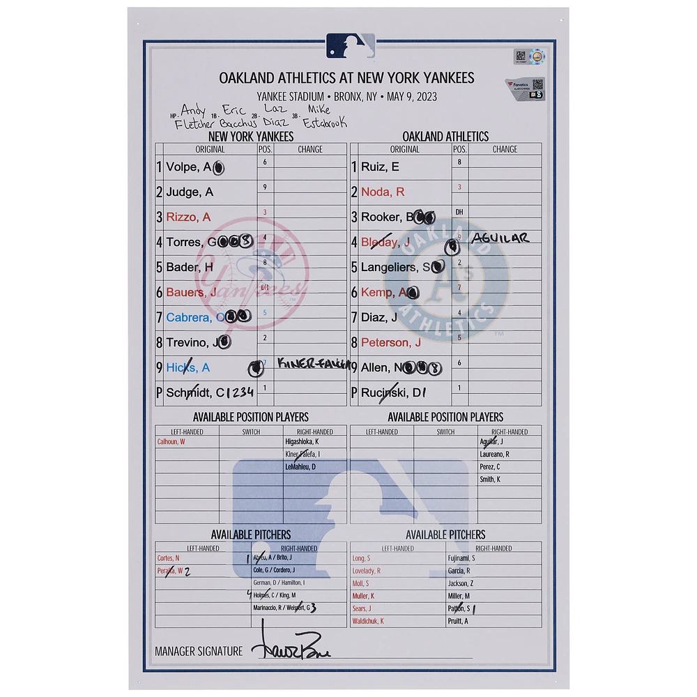 New York Yankees Game-Used Lineup Card vs. Oakland Athletics on May 9, 2023