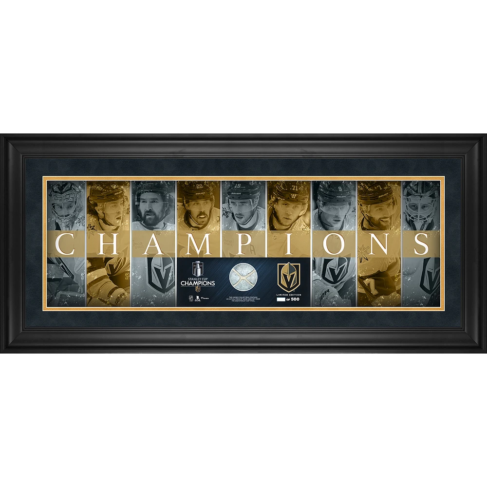 Vegas Golden Knights 2023 Stanley Cup Champions Framed 10" x 30" Champions Panoramic with a Piece of Game-Used Net from the 2023 Stanley Cup Final - Limited Edition of 500