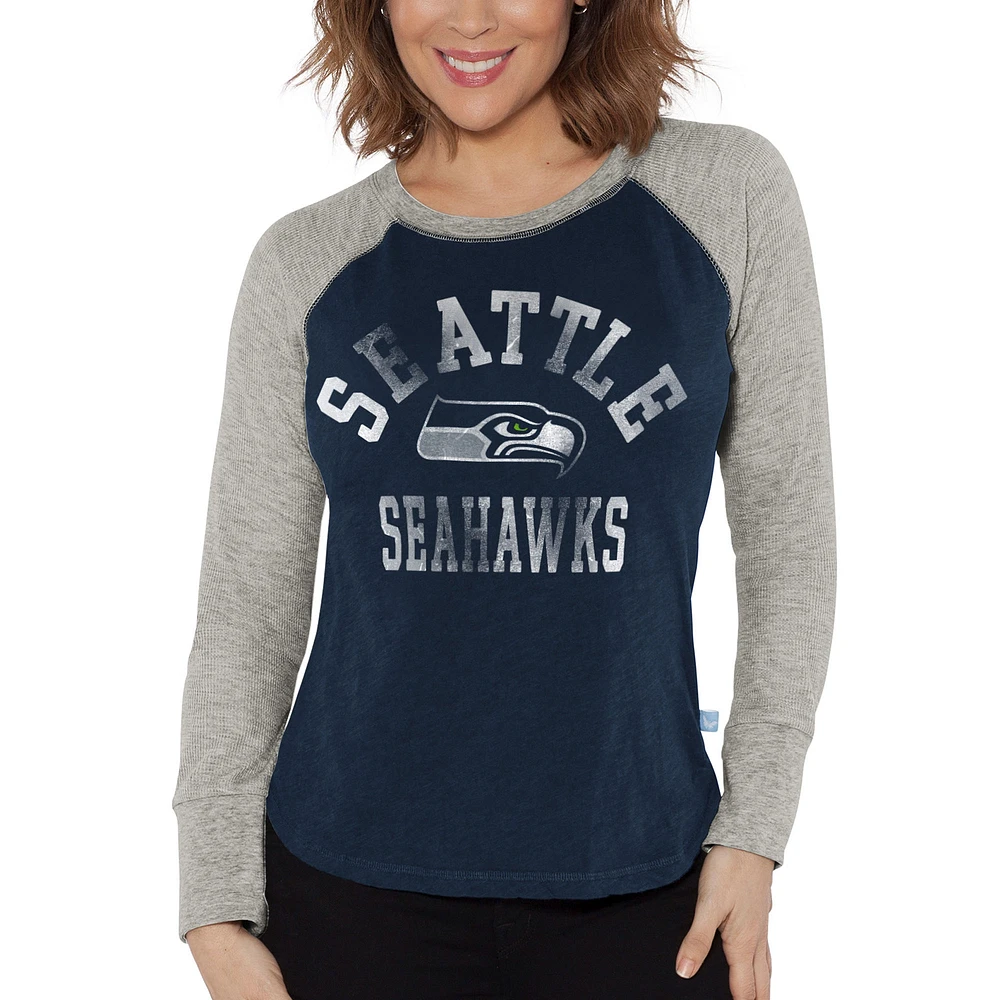 Women's G-III 4Her by Carl Banks College Navy/Heather Gray Seattle Seahawks Waffle Knit Raglan Long Sleeve T-Shirt