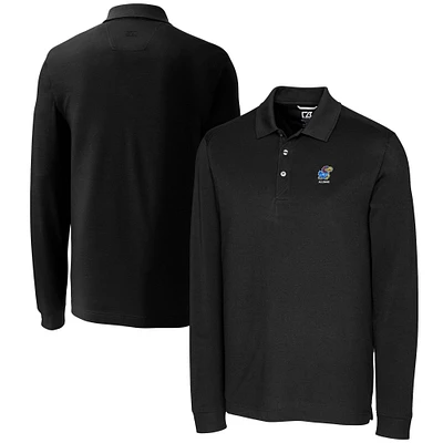 Men's Cutter & Buck Black Kansas Jayhawks Alumni Logo Advantage Tri-Blend Pique Long Sleeve DryTec Polo
