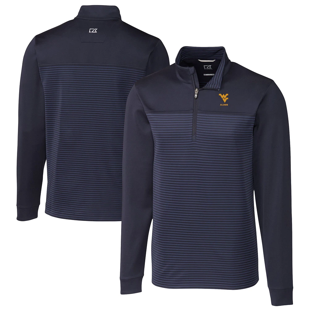 Men's Cutter & Buck Navy West Virginia Mountaineers Alumni Logo Traverse Stripe Stretch Quarter-Zip Pullover Top