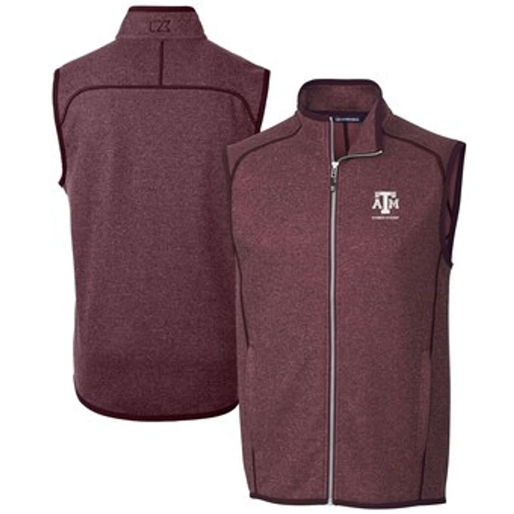 Men's Cutter & Buck Heather Maroon Texas A&M Aggies Alumni Logo Mainsail Sweater Knit Fleece Full-Zip Vest