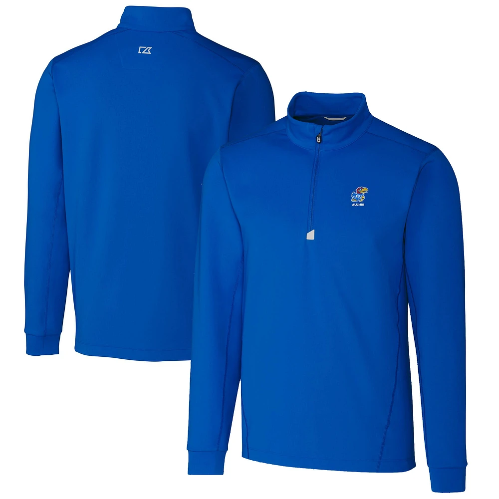 Men's Cutter & Buck Royal Kansas Jayhawks Alumni Logo Traverse Stretch Quarter-Zip Pullover Top