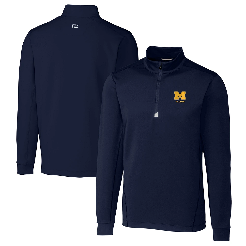 Men's Cutter & Buck Navy Michigan Wolverines Alumni Logo Traverse Stretch Quarter-Zip Pullover Top
