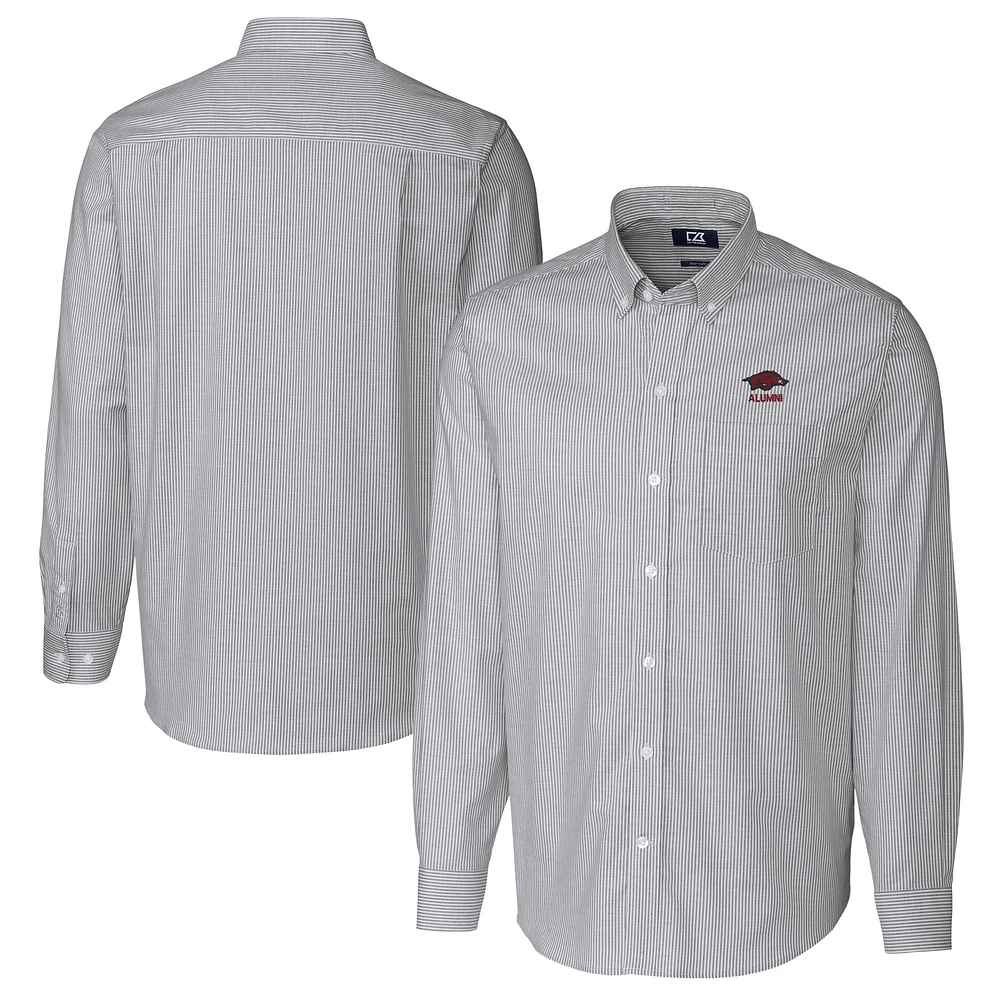 Men's Cutter & Buck Charcoal Arkansas Razorbacks Alumni Logo Stretch Oxford Stripe Long Sleeve Button-Down Shirt