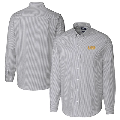 Men's Cutter & Buck Charcoal LSU Tigers Alumni Logo Stretch Oxford Stripe Long Sleeve Button-Down Shirt