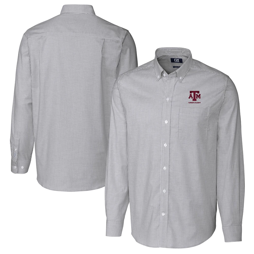 Men's Cutter & Buck Charcoal Texas A&M Aggies Alumni Logo Stretch Oxford Stripe Long Sleeve Button-Down Shirt