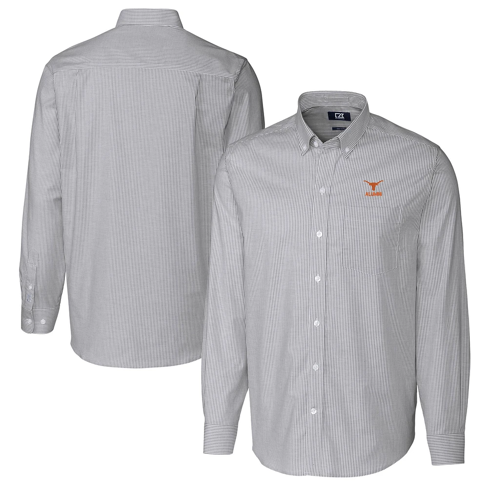 Men's Cutter & Buck Charcoal Texas Longhorns Alumni Logo Stretch Oxford Stripe Long Sleeve Button-Down Shirt