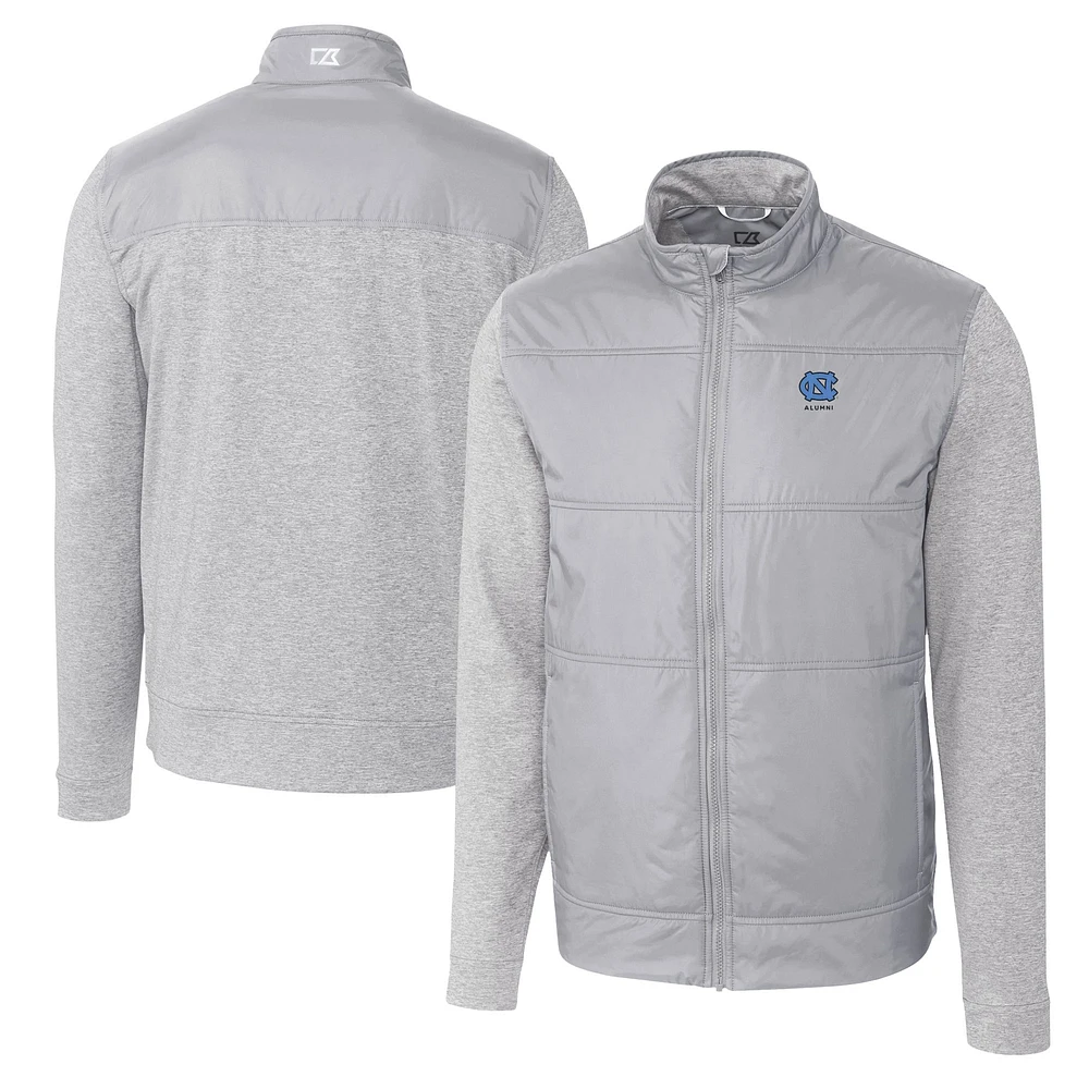Men's Cutter & Buck Gray North Carolina Tar Heels Alumni Logo Stealth Hybrid Quilted Full-Zip Windbreaker Jacket