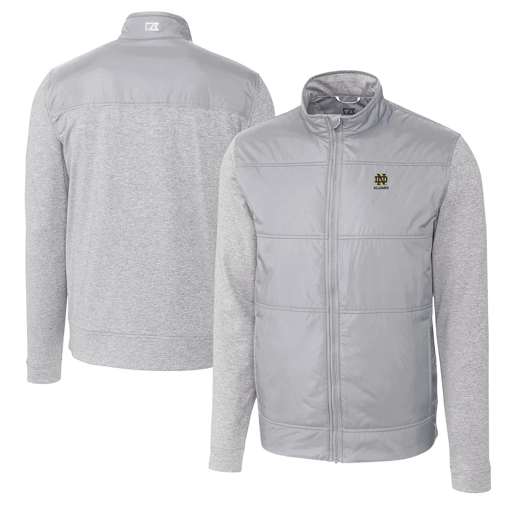 Men's Cutter & Buck Gray Notre Dame Fighting Irish Alumni Logo Stealth Hybrid Quilted Full-Zip Windbreaker Jacket
