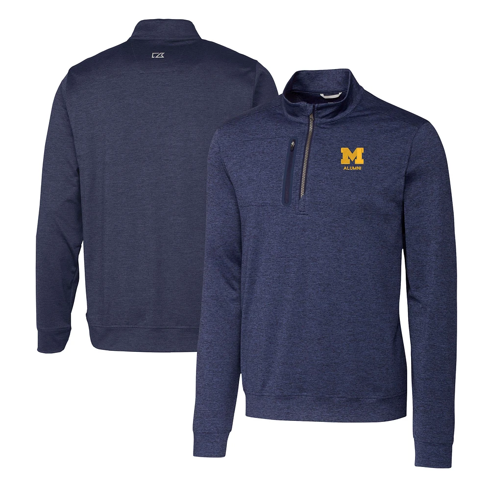 Men's Cutter & Buck Navy Michigan Wolverines Alumni Logo Stealth Heathered Quarter-Zip Pullover Top