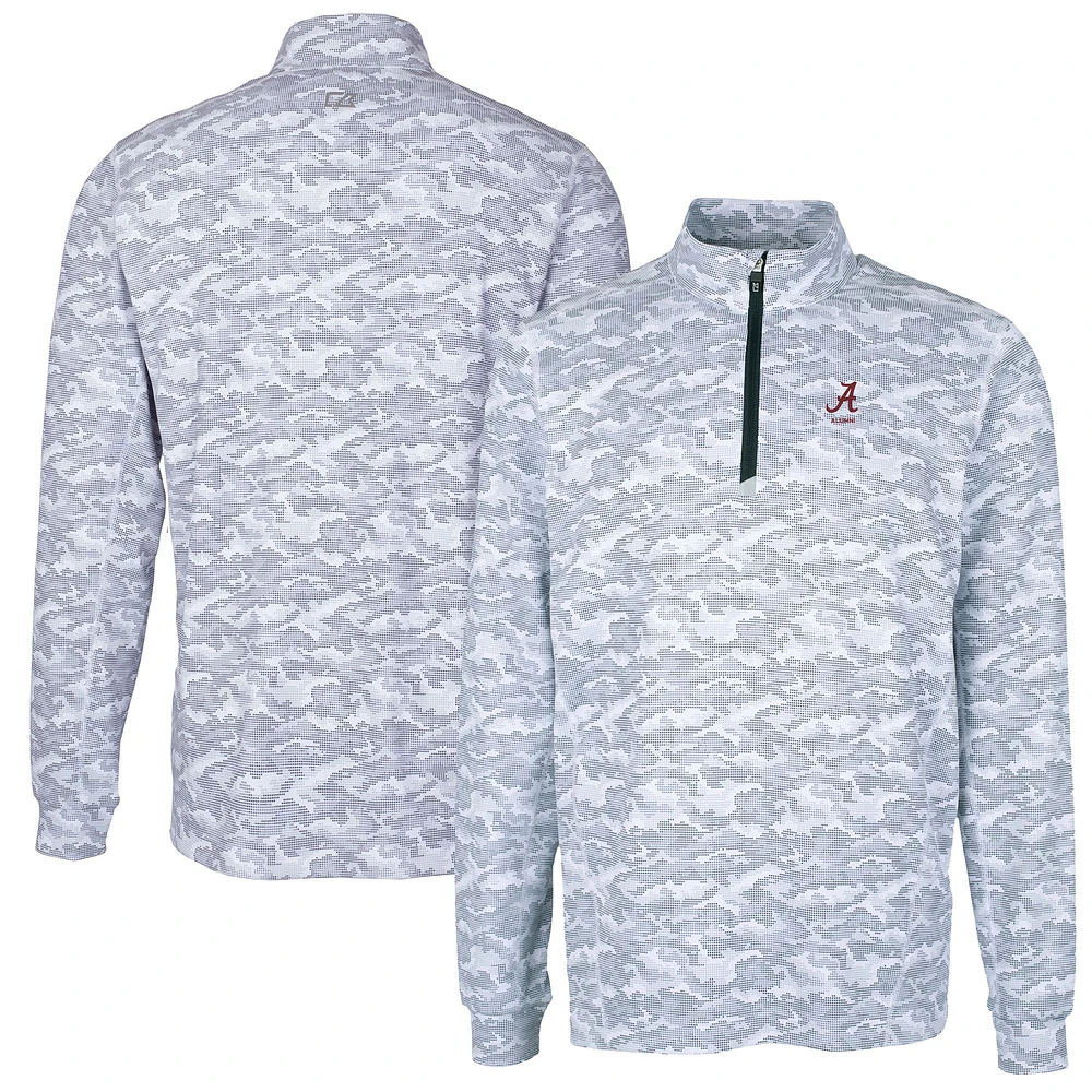 Men's Cutter & Buck Charcoal Alabama Crimson Tide Alumni Logo Traverse Camo Print Stretch Quarter-Zip Pullover Top