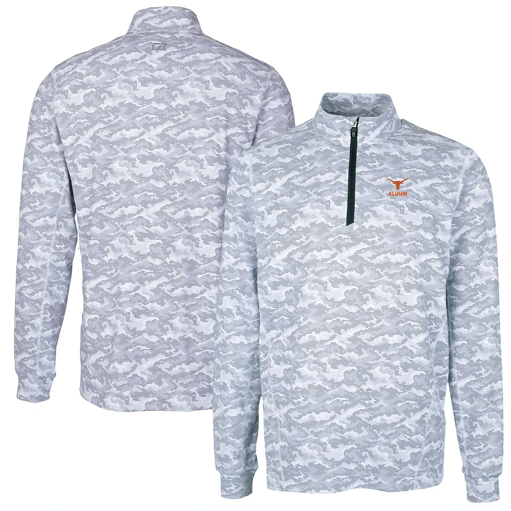Men's Cutter & Buck Charcoal Texas Longhorns Alumni Logo Traverse Camo Print Stretch Quarter-Zip Pullover Top