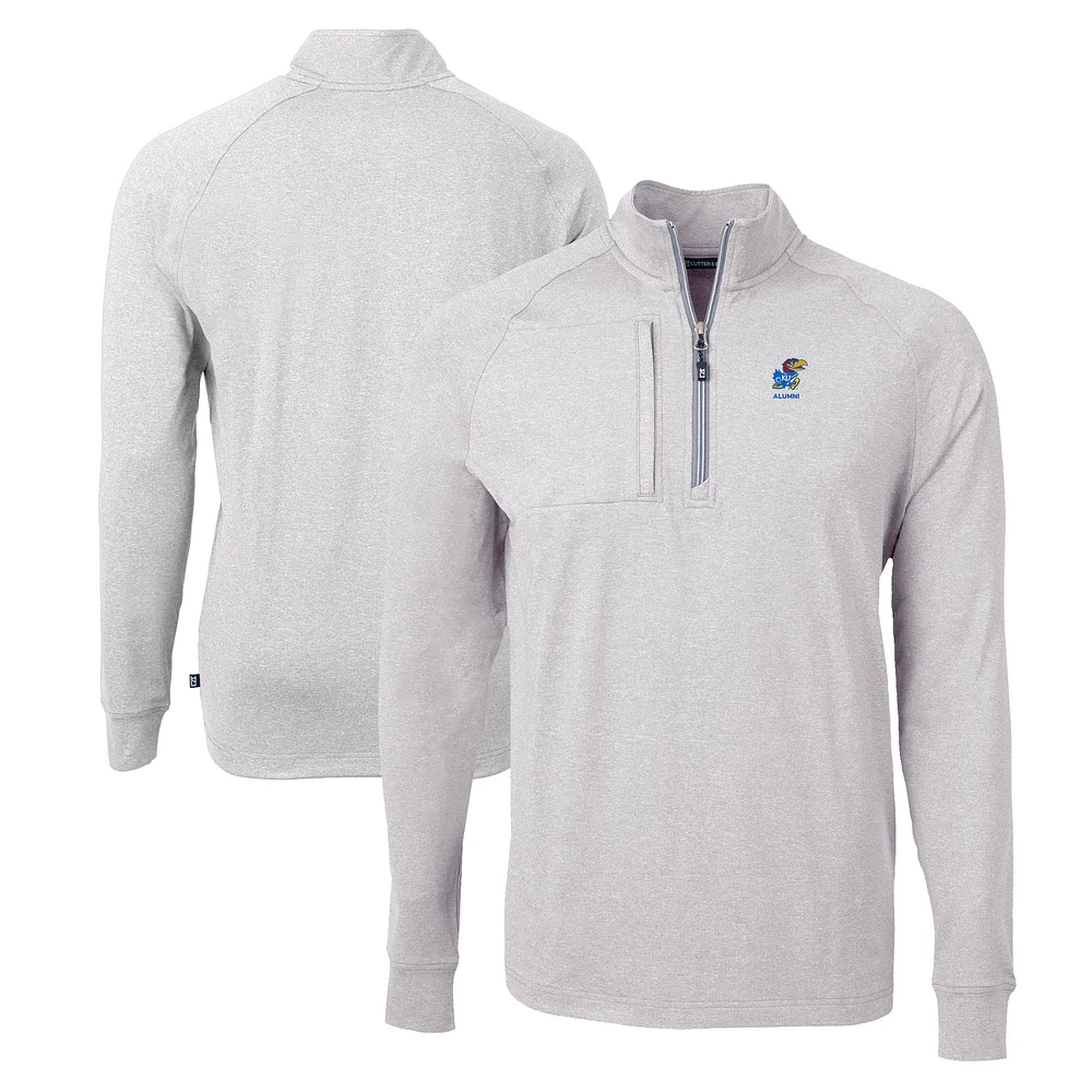 Men's Cutter & Buck Heather Gray Kansas Jayhawks Alumni Logo Adapt Eco Knit Heathered Recycled Quarter-Zip Pullover Top