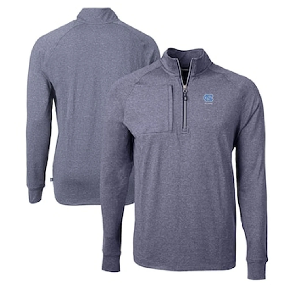 Men's Cutter & Buck Heather Navy North Carolina Tar Heels Alumni Logo Adapt Eco Knit Heathered Recycled Quarter-Zip Pullover Top