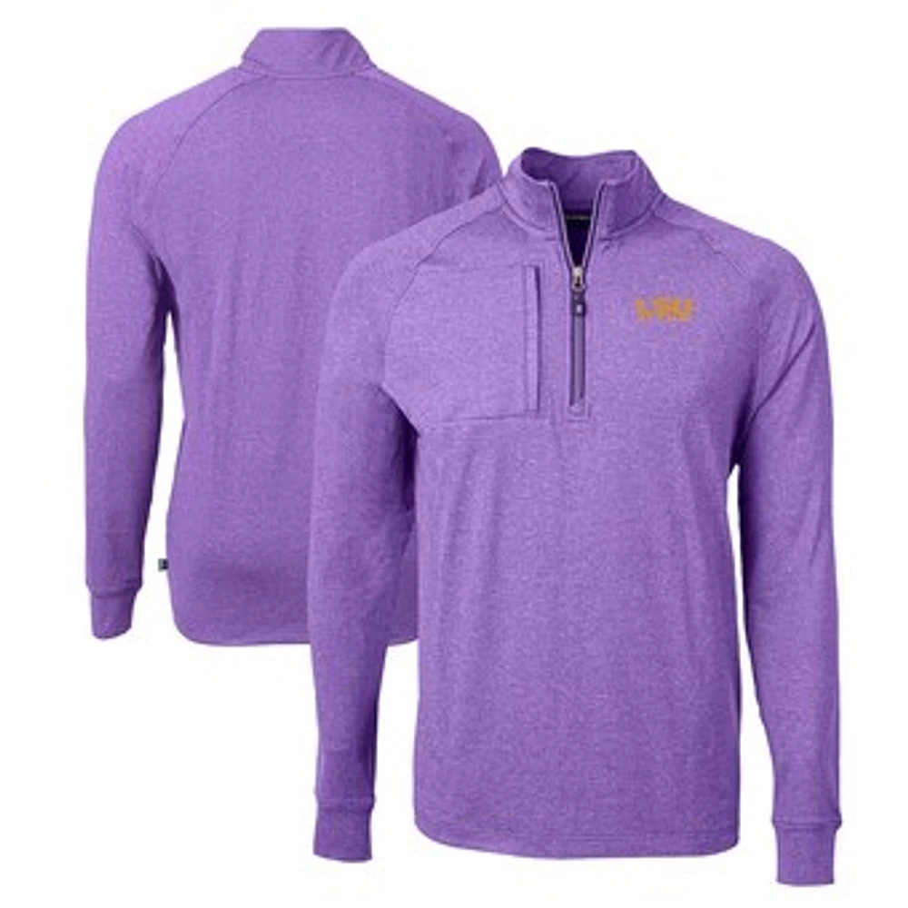 Men's Cutter & Buck Heather Purple LSU Tigers Alumni Logo Adapt Eco Knit Heathered Recycled Quarter-Zip Pullover Top
