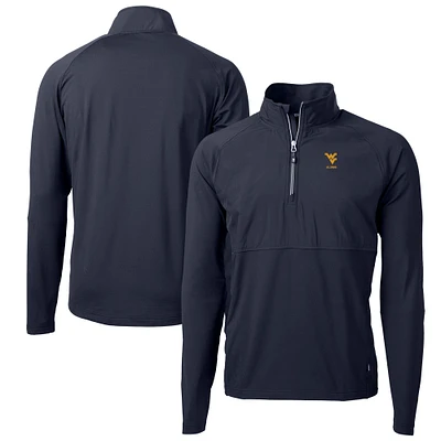 Men's Cutter & Buck Navy West Virginia Mountaineers Alumni Logo Adapt Eco Knit Hybrid Recycled Quarter-Zip Pullover Top
