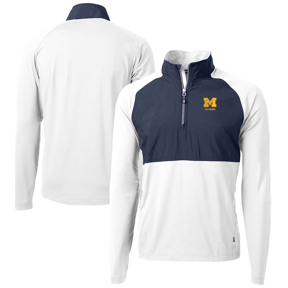Men's Cutter & Buck White Michigan Wolverines Alumni Logo Adapt Eco Knit Hybrid Recycled Quarter-Zip Pullover Top