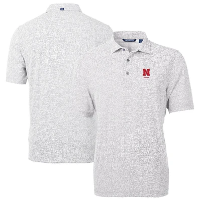 Men's Cutter & Buck Gray Nebraska Huskers Alumni Logo DryTec Virtue Eco Pique Botanical Print Recycled Polo