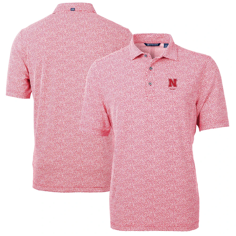 Men's Cutter & Buck Scarlet Nebraska Huskers Alumni Logo DryTec Virtue Eco Pique Botanical Print Recycled Polo