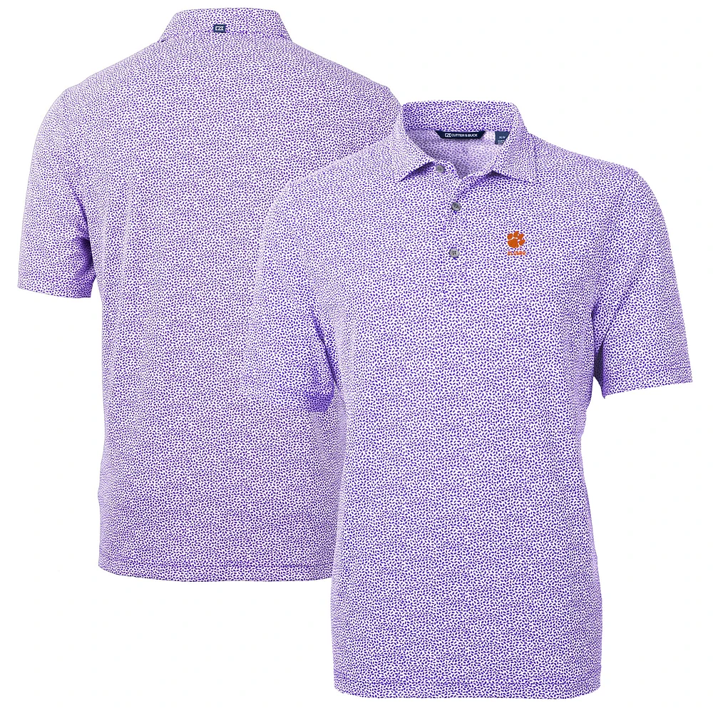 Men's Cutter & Buck Purple Clemson Tigers Alumni Logo DryTec Virtue Eco Pique Botanical Print Recycled Polo