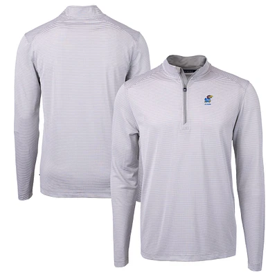 Men's Cutter & Buck Gray Kansas Jayhawks Alumni Logo DryTec Virtue Eco Pique Micro Stripe Recycled Quarter-Zip Pullover Top