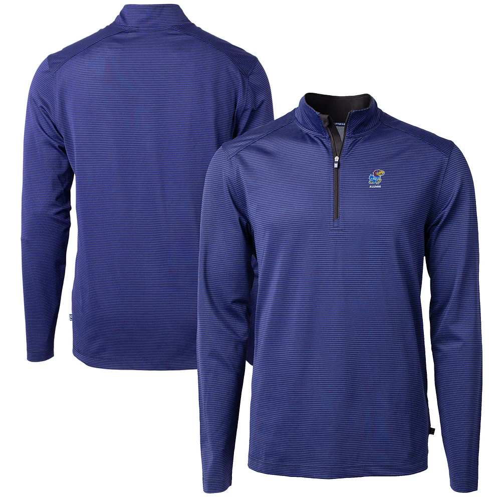 Men's Cutter & Buck Royal Kansas Jayhawks Alumni Logo DryTec Virtue Eco Pique Micro Stripe Recycled Quarter-Zip Pullover Top