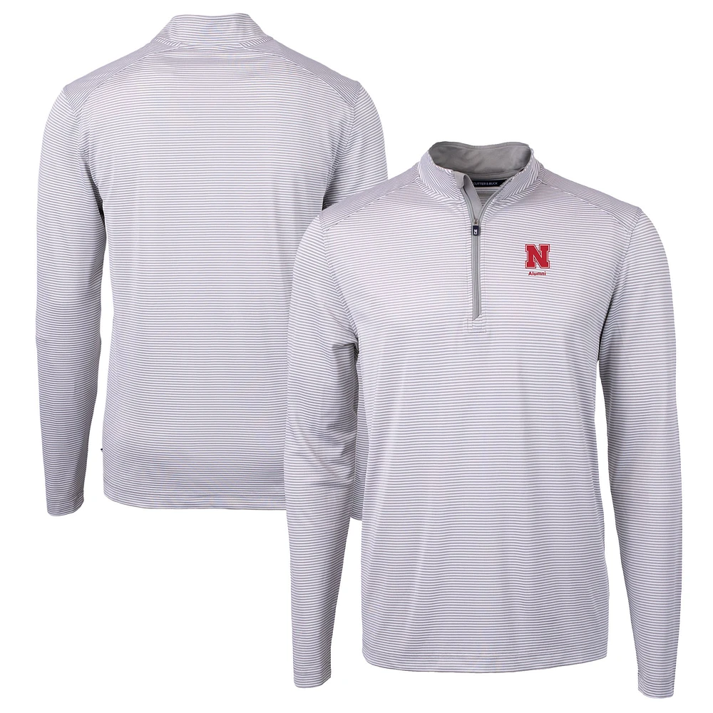 Men's Cutter & Buck Gray Nebraska Huskers Alumni Logo DryTec Virtue Eco Pique Micro Stripe Recycled Quarter-Zip Pullover Top