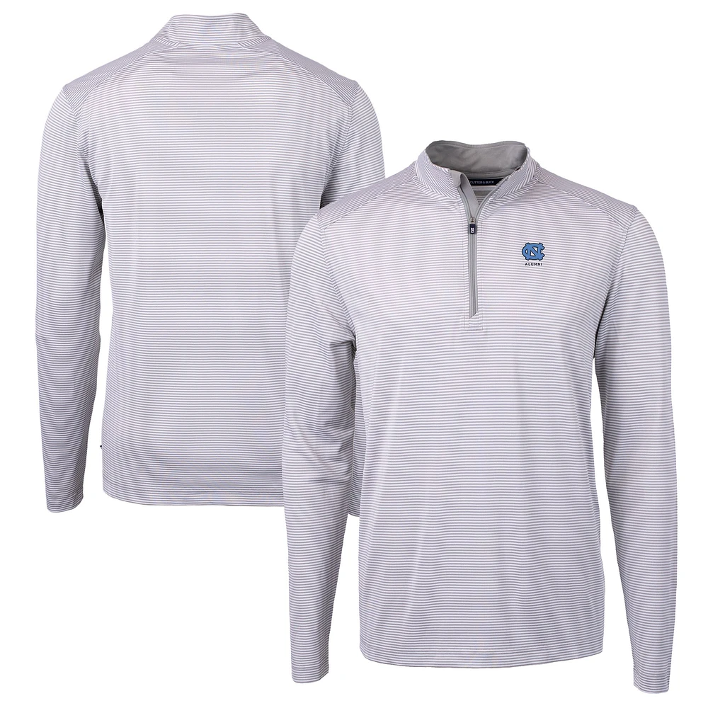 Men's Cutter & Buck Gray North Carolina Tar Heels Alumni Logo DryTec Virtue Eco Pique Micro Stripe Recycled Quarter-Zip Pullover Top
